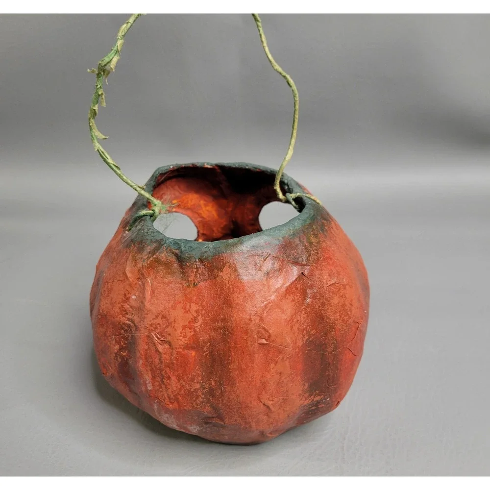 Halloween Paper Mache Pumpkin Pulp Paper Jack O Lantern Orange and Green Frown
